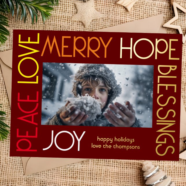 Colourful letters joy merry happy peace blessings foil holiday postcard (Creator Uploaded)
