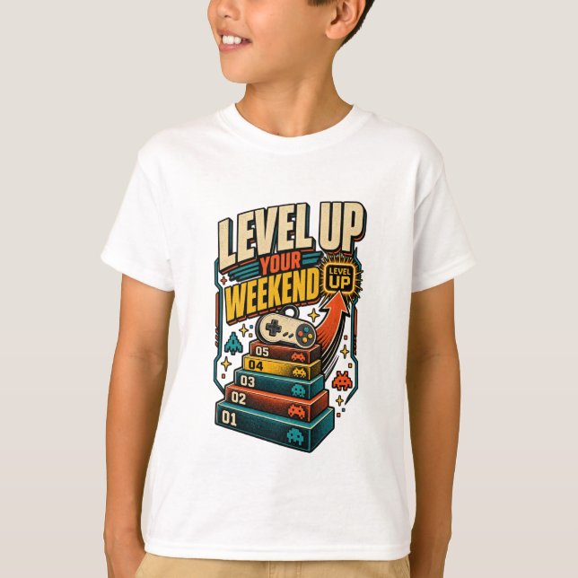 Colourful Level Up Weekend Gamer T-Shirt (Front)