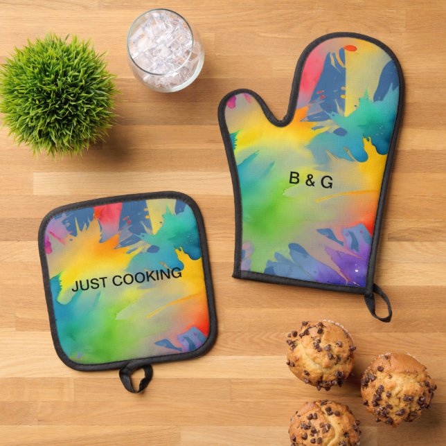 colourful lgbtq rainbow oven mitt & pot holder set (Top Down)