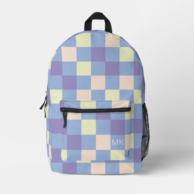 Colourful Light Blue Chequerboard Monogram Initial Printed Backpack (Front)
