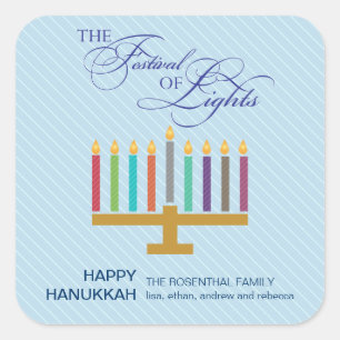 Colourful Light Blue Menorah Hanukkah Square Sticker