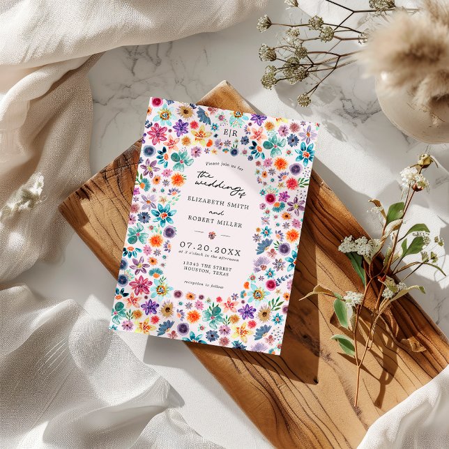 Colourful Light Pink Wildflower Garden Wedding Invitation (Front)