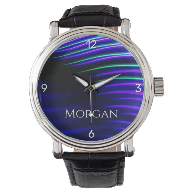 Colourful Light Waves on Black, DIY Name, 4 Number Watch (Front)