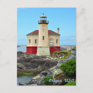 Colourful lighthouse and ocean landscape postcard