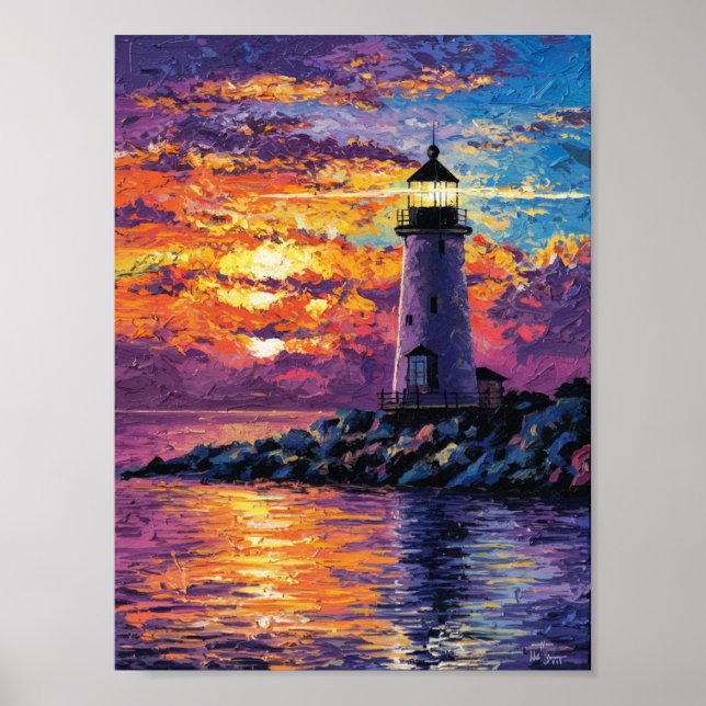 "Colourful Lighthouse Sunset Painting - Ocean-Them Poster (Front)