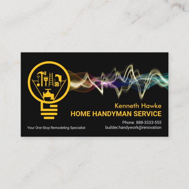 Colourful Lightning Powering Handyman Bulb Business Card (Front)