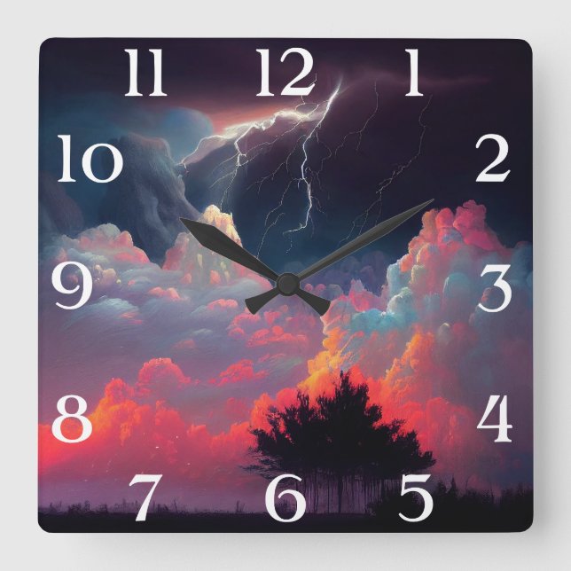 Colourful Lightning Storm Square Wall Clock (Front)