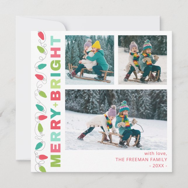 Colourful Lights Merry + Bright Photo Card (Front)