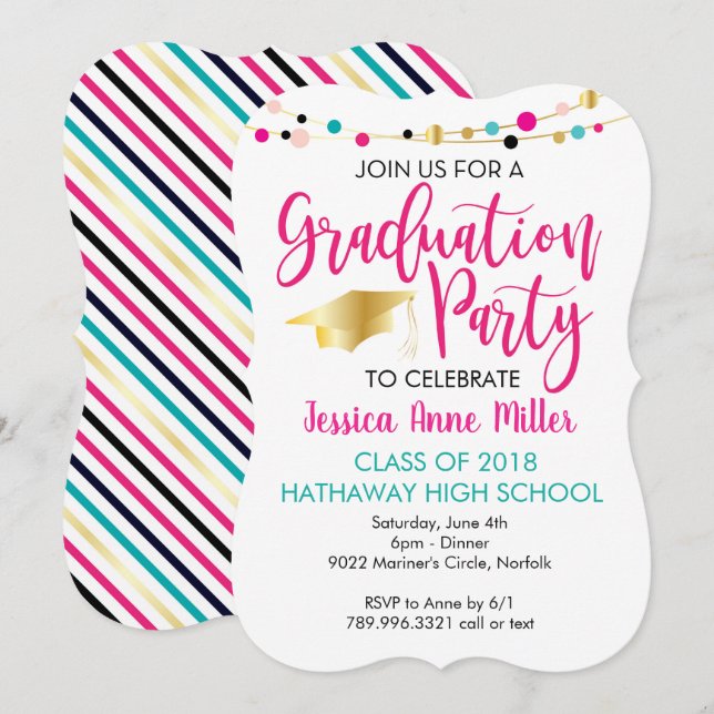Colourful Lights Pink Gold Graduation Party Invitation (Front/Back)