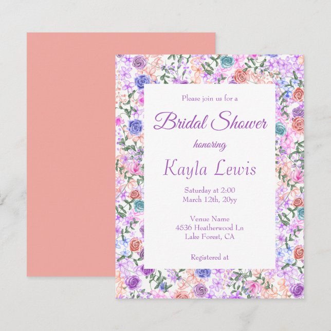 Colourful Lilac, Peach, Pink, Blue Bridal Shower Invitation (Front/Back)