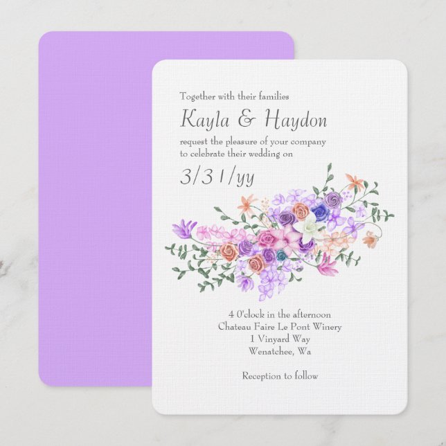 Colourful Lilac, Pink, Peach, Blue Rose Bouquet Invitation (Front/Back)