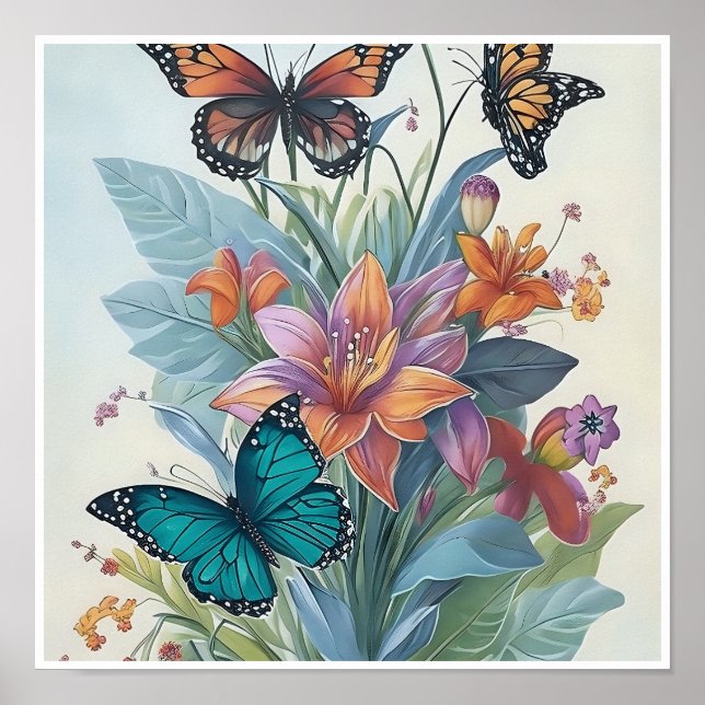 Colourful Lilies and Butterflies Poster (Front)