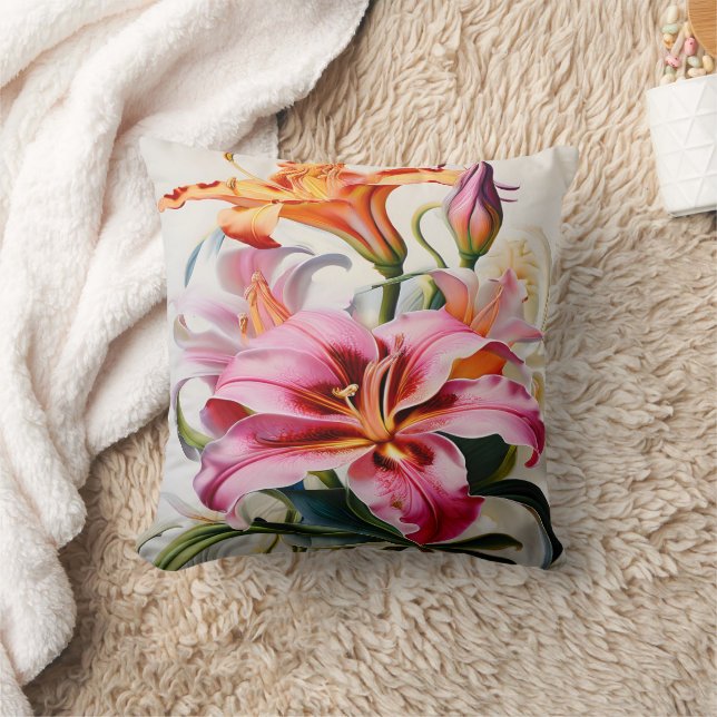 Colourful Lily Blooms on White Background Cushion (Blanket)