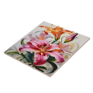 Colourful Lily Blooms on White Background Tile