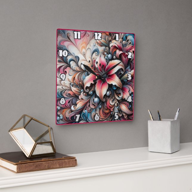 Colourful Lily Patterns With Fractal Design Square Wall Clock (Office)