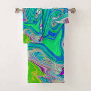 Colourful Lime Green Abstract Retro Liquid Art Bath Towel Set