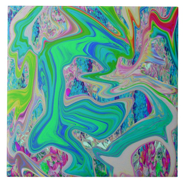 Colourful Lime Green Abstract Retro Liquid Art Tile (Front)