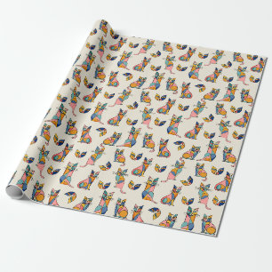 Colourful line art cubist colourful cats wrapping paper