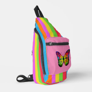 Colourful Lines Rainbow Butterfly Pink Background Sling Bag