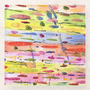 Colourful Lines Watercolor Abstract Glass Coaster
