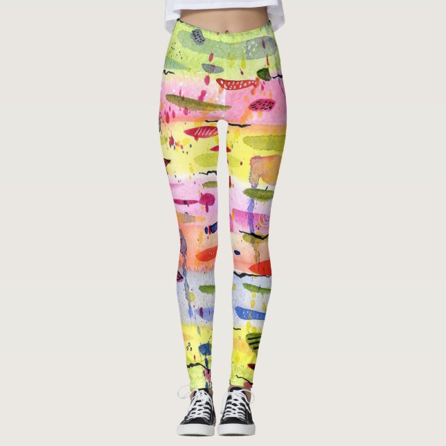 Colourful Lines Watercolor Abstract Leggings (Front)