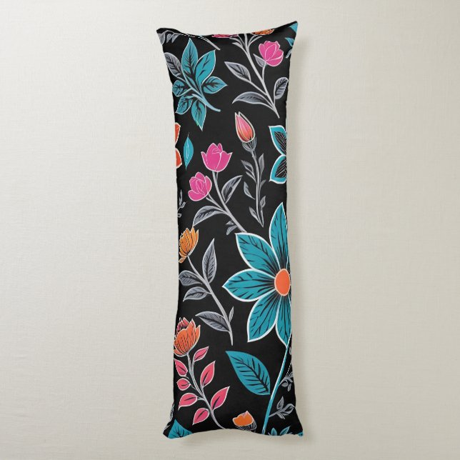 Colourful Linoprint Floral Pattern Body Cushion (Back (Vertical))
