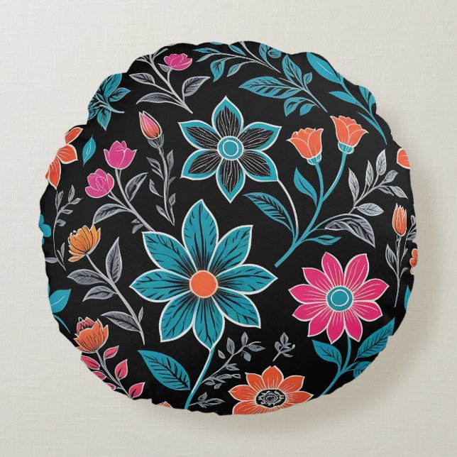 Colourful Linoprint Floral Pattern Round Cushion (Front)
