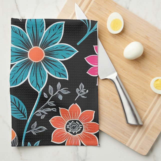 Colourful Linoprint Floral Pattern Tea Towel (Quarter Fold)
