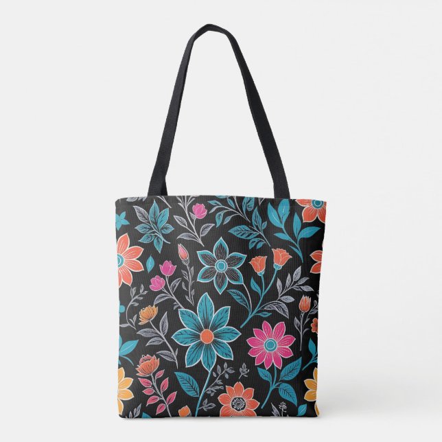 Colourful Linoprint Floral Pattern Tote Bag (Back)