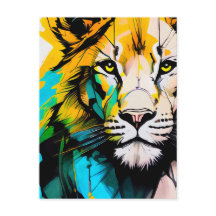Colourful Lion blue and yellow piercing eyes 5x7”