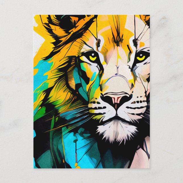 Colourful Lion blue and yellow piercing eyes 5x7” Postcard (Front)