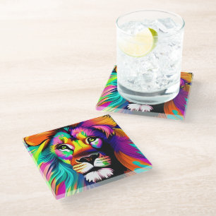 Colourful Lion Digital Art Glass Coaster