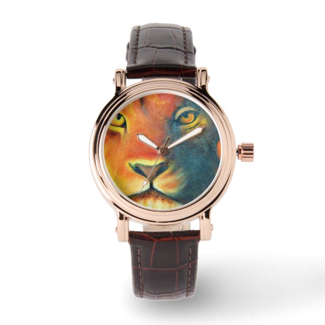 Colourful Lion Head Portrait Oil Painting Watch (Front)
