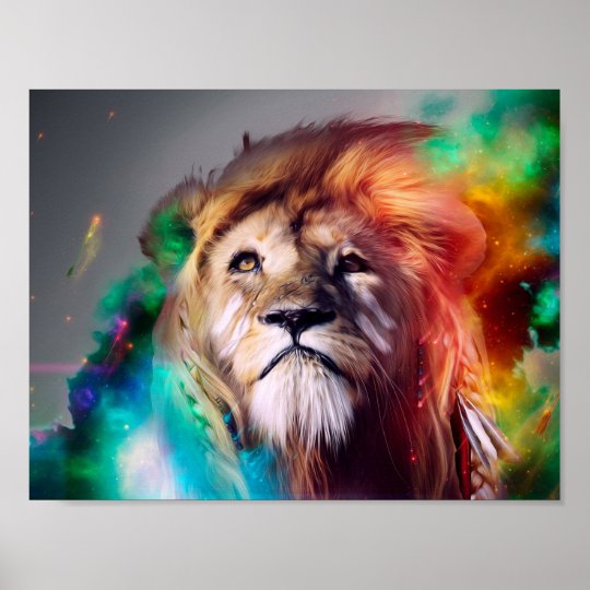 Colourful Lion Looking Up Feathers Space Universe Poster Zazzle Co Uk