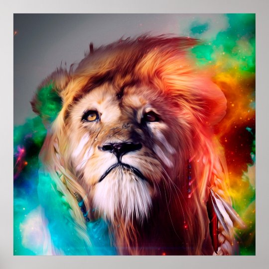 Colourful Lion Looking Up Feathers Space Universe Poster Zazzle Co Uk