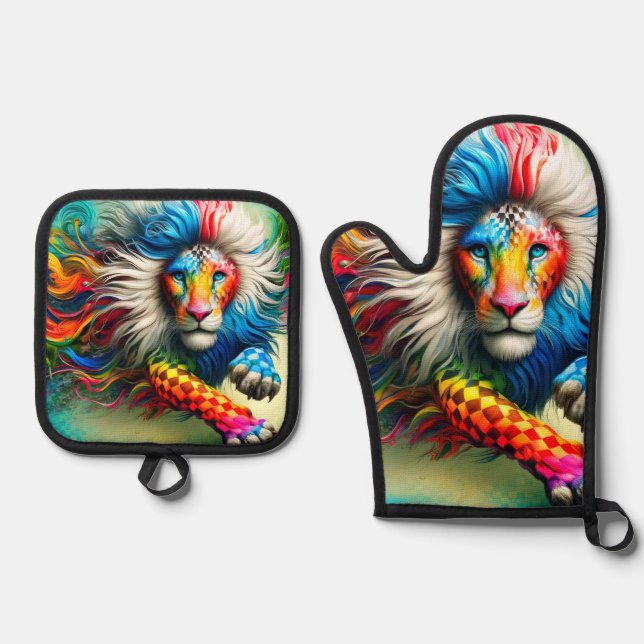 Colourful Lion Oven Mitt & Pot Holder Set (Front)