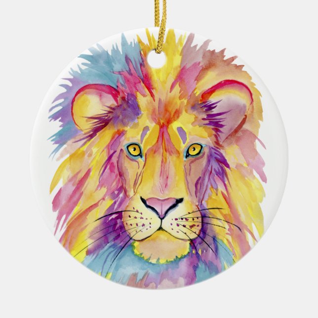 Colourful Lion Portrait Ceramic Tree Decoration (Front)
