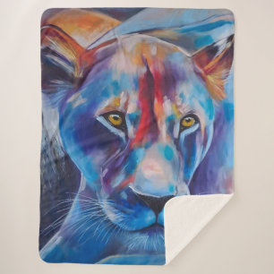 Colourful Lioness Art - Hand Painted Wildlife Deco Sherpa Blanket