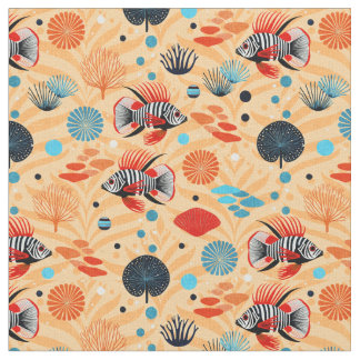 Colourful Lionfish and Coral Reef Pattern on Sand Fabric