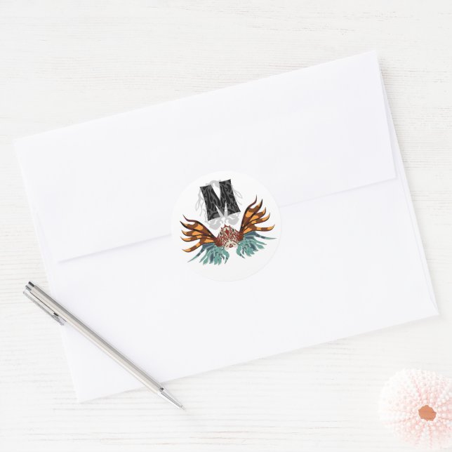 Colourful Lionfish Monogram Classic Round Sticker (Envelope)