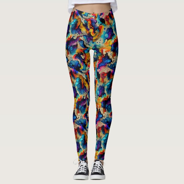 Colourful Liquid Ink Abstraction Pattern Leggings (Front)