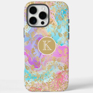 Colourful Liquid Marble Gold Floral Monogram iPhone 16 Pro Max Case