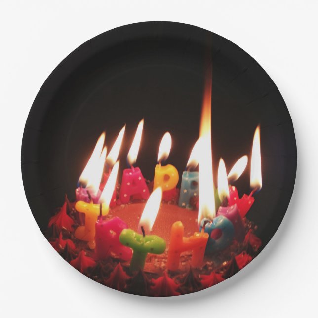 Colourful, LitC "Happy Birthday" Candles, Dark Roo Paper Plate (Front)