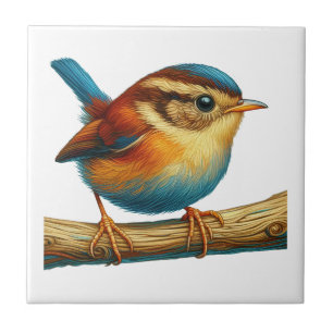 Colourful Little Bird on Branch Art Tile