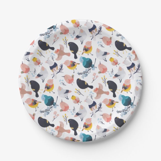 Colourful Little Birds Floral Botanical Paradise Paper Plate (Front)