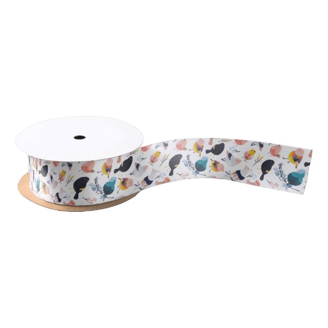 Colourful Little Birds Floral Botanical Paradise Satin Ribbon (Spool)