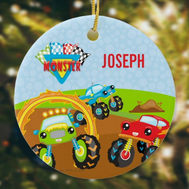 Colourful Little Boy Monster Trucks Name Christmas Ceramic Tree Decoration (Creator Uploaded)