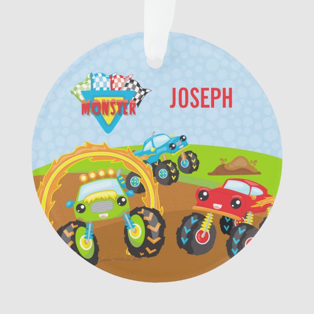 Colourful Little Boy Monster Trucks Name Christmas Ornament (Front)