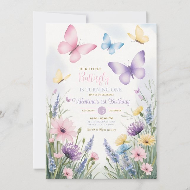 Colourful Little Butterfly is turning one Invitation (Front)