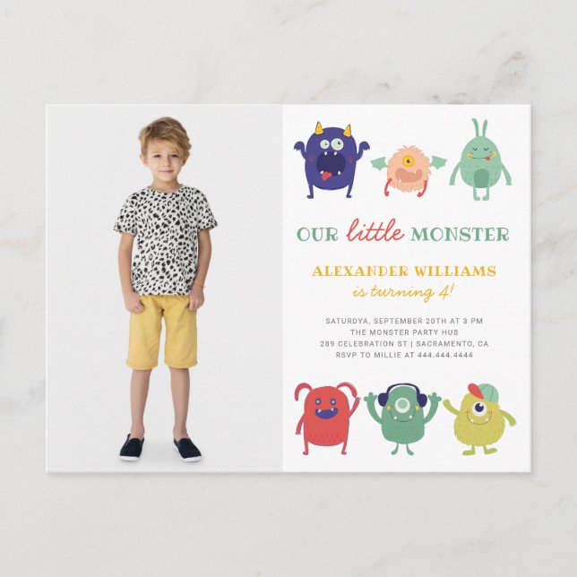 Colourful Little Monster Kid's Photo Birthday Invitation Postcard (Front)